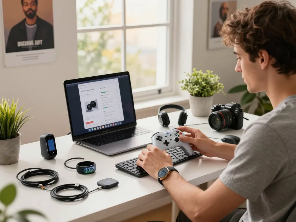 Exploring cool tech gadgets under $133 in a modern home office filled with Bluetooth devices and natural light.