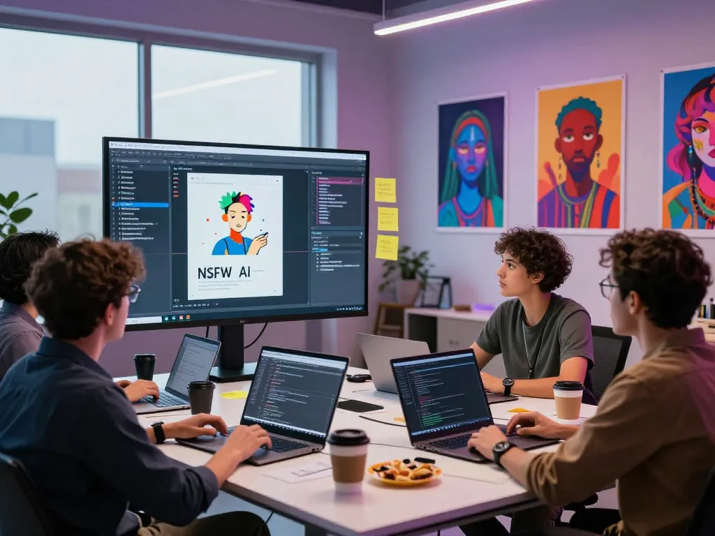 Collaborative workspace showcasing NSFW AI innovations with diverse developers and digital content.